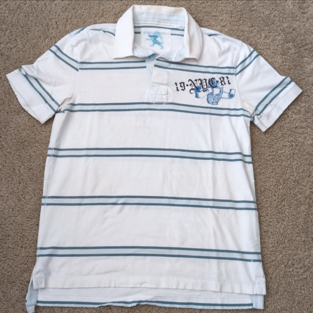Express White Polo with Blue Stripes
